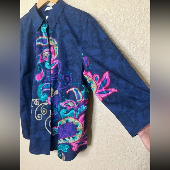 🩷Chicos No Iron paisley navy women’s sz 2 Large button back shirt 3/4 sleeves - Picture 5 of 7